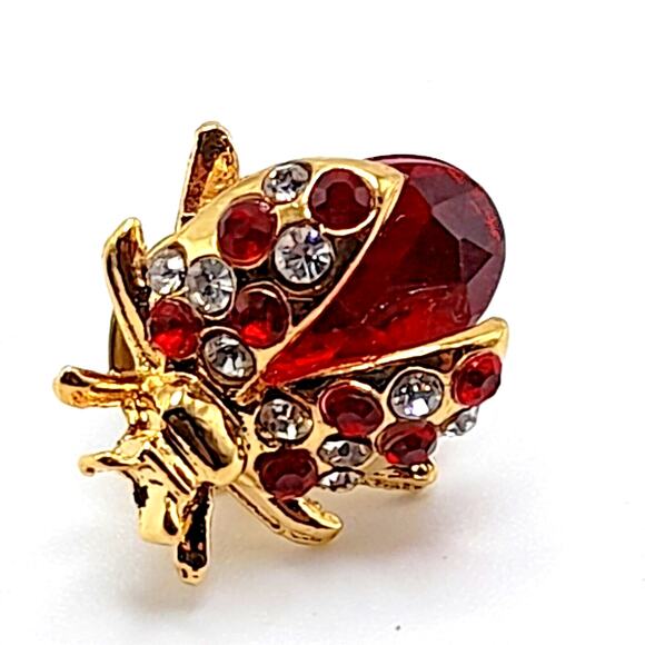 Vintage Lady Bug Brooch Pin Gold Tone Red Glass Cabochon Rhinestones - Picture 7 of 7